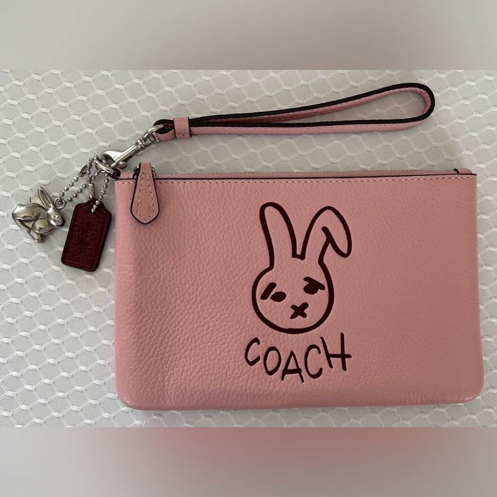 Coach Signature Pink Leather Lunar New Year Rabbit Wristlet Silver Charm NWOT